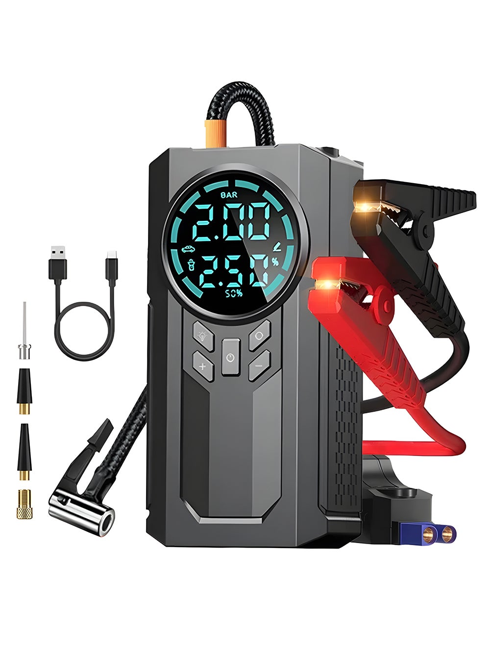 EzzySo Portable Cordless Car Battery Emergency Starter, Tire Air Pump, Air Compressor To Easily Inflate Tires, LED Display, With Flashlight, Mobile Power Supply, Large Capacity Storage 