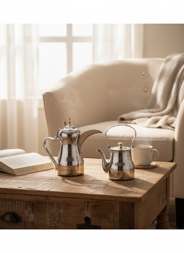 2-Piece Stainless Steel Tea Kettler  Dallah Set Silver/Gold 0.9 Liter Kettle  36 OZ Dallah - Image 2