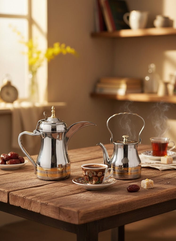 2-Piece Stainless Steel Tea Kettler  Dallah Set Silver/Gold 0.9 Liter Kettle  36 OZ Dallah - Image 1