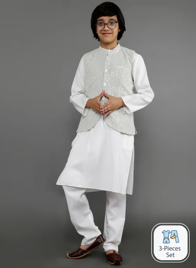 AKS Boys White Kurta Set With Nehru Jacket