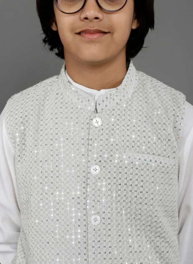 AKS Boys White Kurta Set With Nehru Jacket