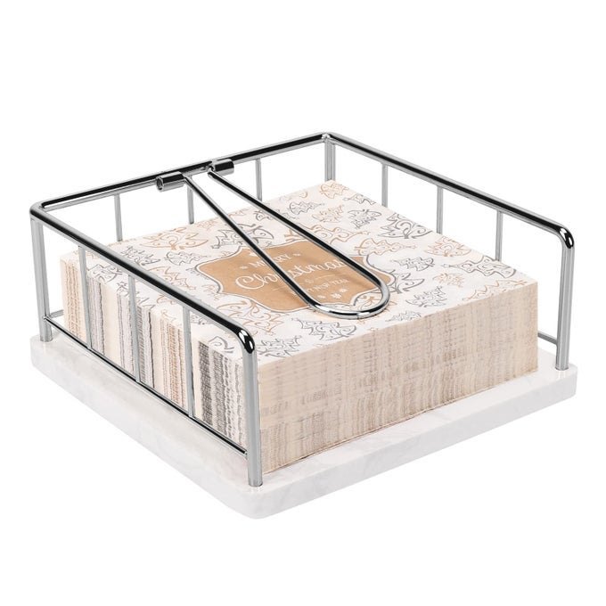 FLAT NAPKIN HOLDER METAL KITCHEN NAPKIN STORAGE WITH WEIGHTED TENSION ARM RUSTIC TISSUE PAPER DISPENSER FOR COUNTERTOP TABLE KITCHEN DINING ROOM WITH MARBLE BASE CHROME