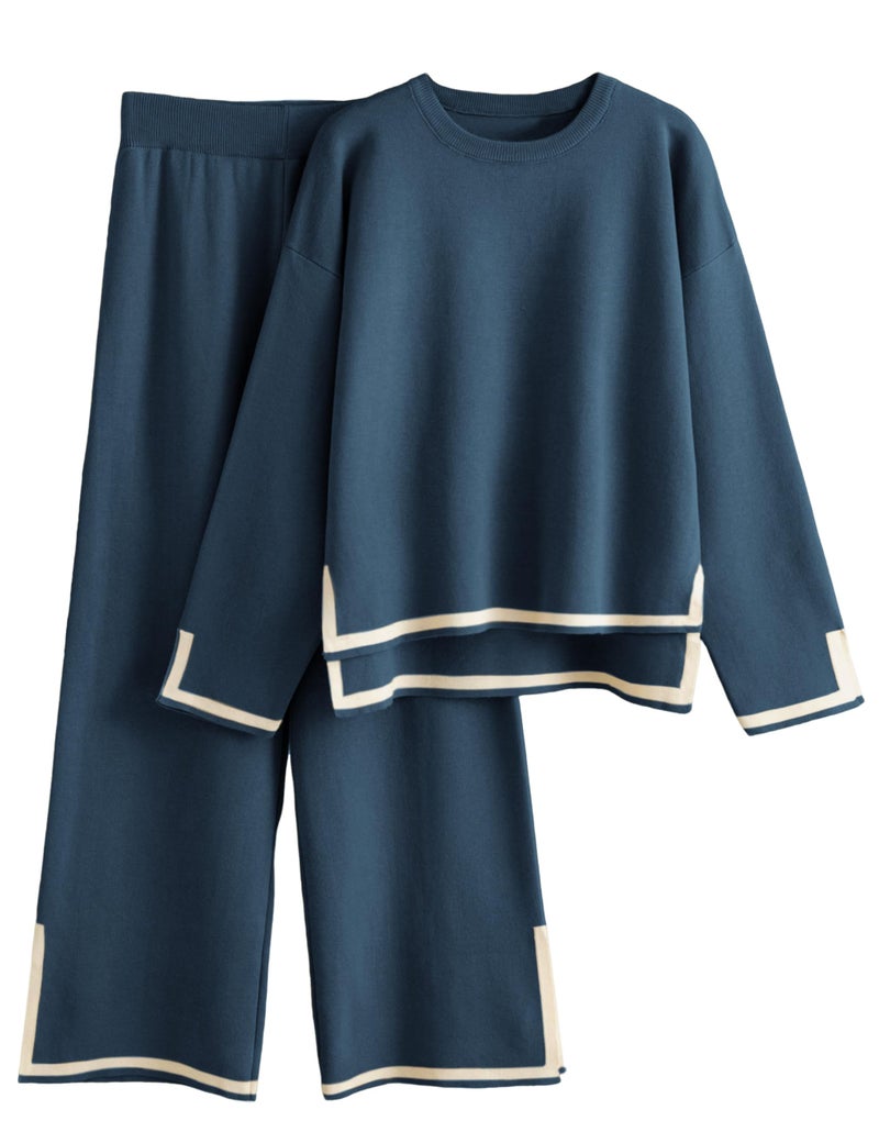 Tanming Women's 2 Piece Outfits Long Sleeve Knit Sweater Top Wide Leg Pants Lounge Sets Tracksuits(Navy-M) - Image 1