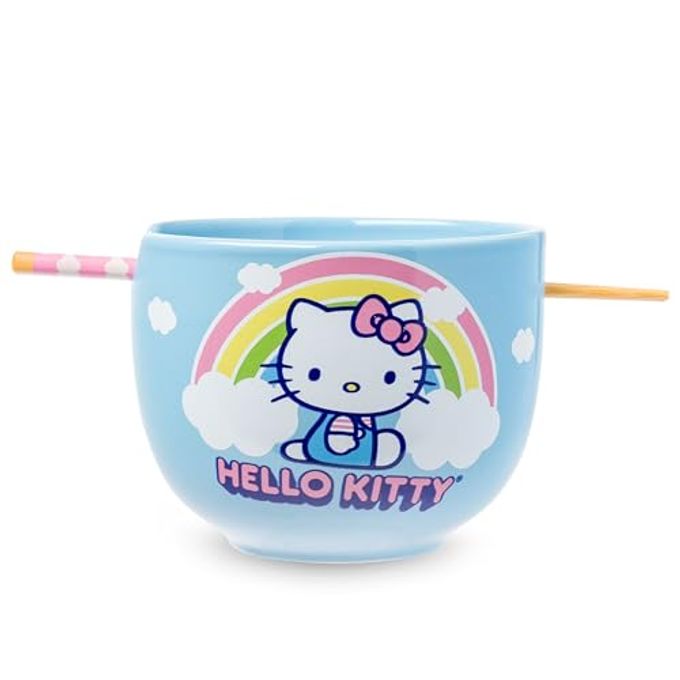 Silver Buffalo Hello Kitty Rainbow and Clouds Ceramic Ramen Noodle Rice Bowl with Chopsticks, Microwave Safe, 20 Ounces