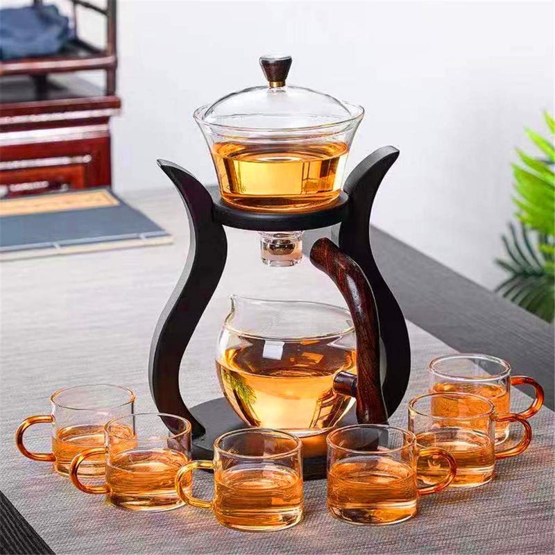RORA Lazy Kungfu Glass Tea Set Semi Automatic Drip Rotating with Infuser Glass Teapot Set 6 cups
