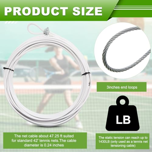 Sonwyoung 47.25 ft Replacement Tennis Net Cable Volleyball Net Steel Cable Headline Cord PVC Coated Steel Wire Strap fit for 42' Volleyball Tennis Court Accessories(White) - Image 2