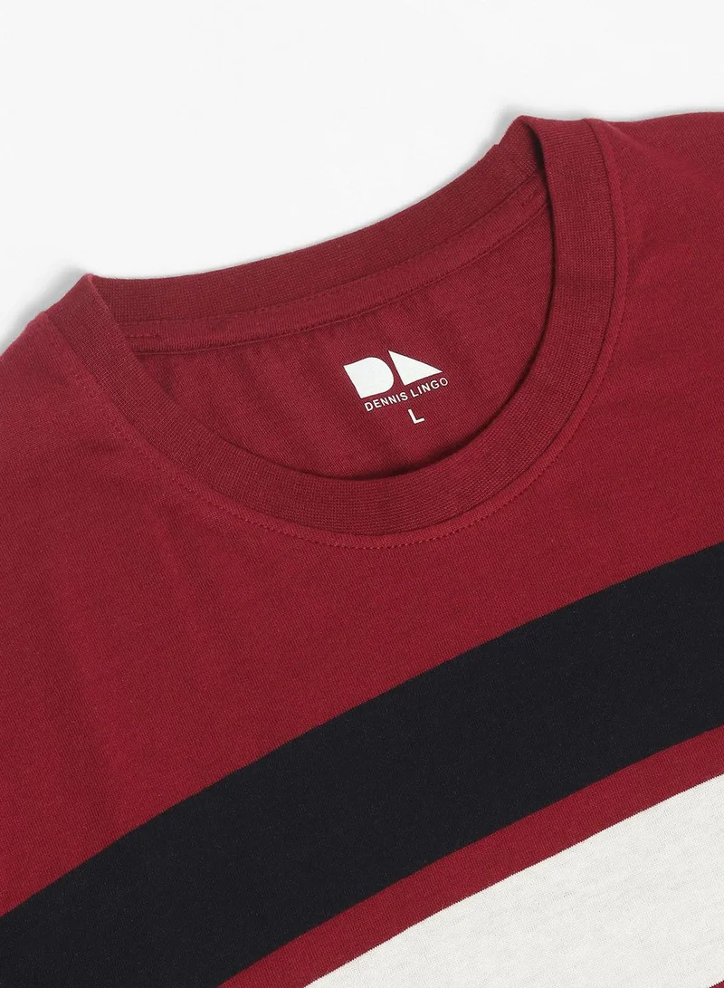 دينيس لينغو Maroon Striped Regular Fit Crew Neck T-shirt for Men - 100% Cotton, Half Sleeves, Casual