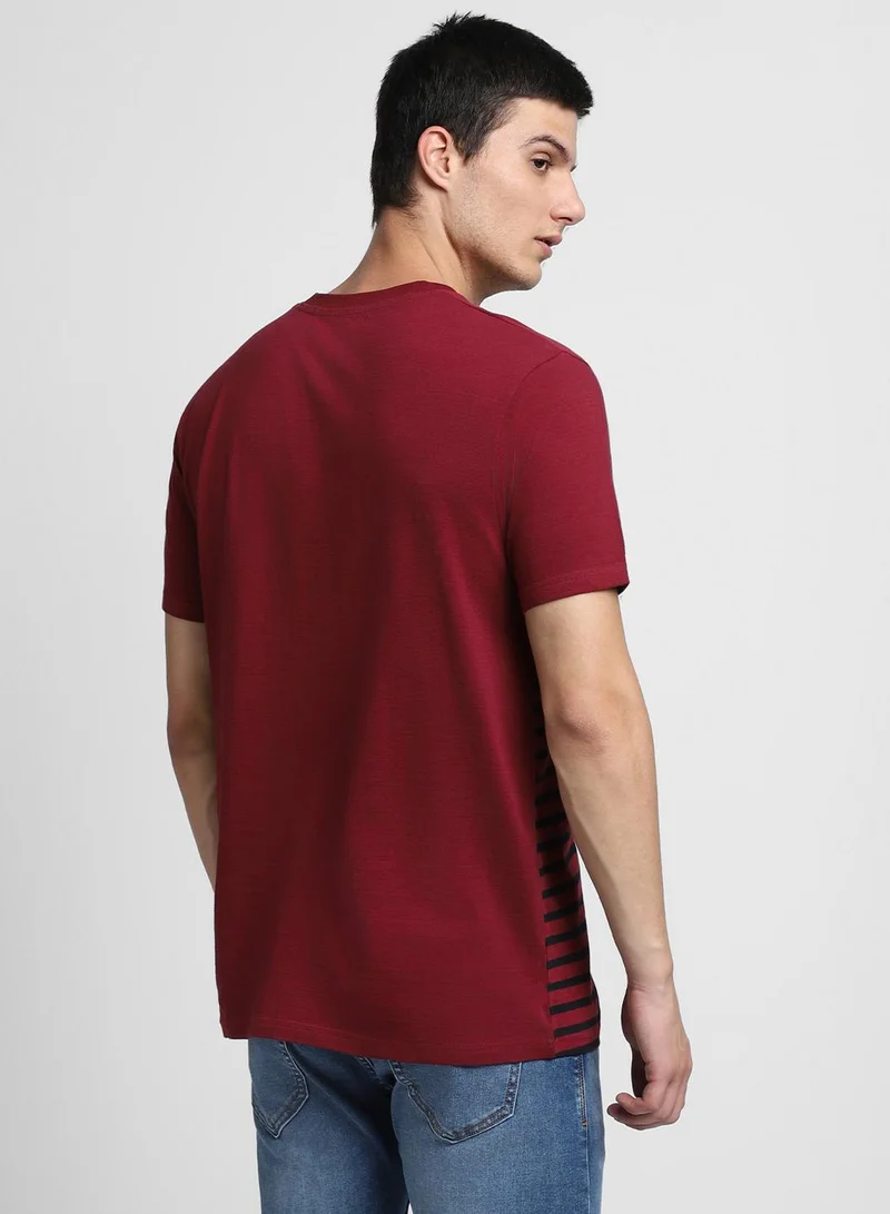 دينيس لينغو Maroon Striped Regular Fit Crew Neck T-shirt for Men - 100% Cotton, Half Sleeves, Casual