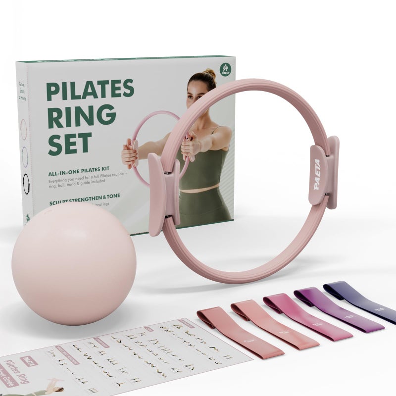 PAETA Pilates Ring Set â€“ 14â€ Magic Circle (38 lbs Resistance), 9.8â€ Pilates Ball, 5 Resistance Bands, and Exercise Guide Included for Home Workouts(Pink) - Image 1
