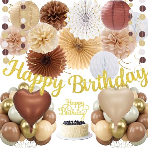 IHEPYQ Boho Brown White Birthday Decorations 62pcs Happy Birthday Banner Neutral Rustic Paper Lanterns Honeycomb Hanging Streamers Tissue Pom Poms Flower Fan Birthday Decorations for Women Girl Boys - Image 1