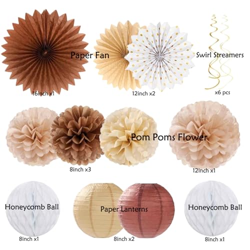IHEPYQ Boho Brown White Birthday Decorations 62pcs Happy Birthday Banner Neutral Rustic Paper Lanterns Honeycomb Hanging Streamers Tissue Pom Poms Flower Fan Birthday Decorations for Women Girl Boys - Image 3