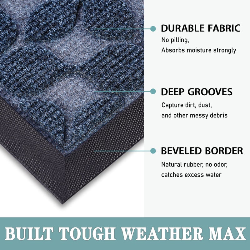 Bulijojo Sturdy Front Entrance Doormats,Durable Heavy Duty Welcome Mat,Thick Absorbent Natural Rubber Non Slip Mat,Easy Clean Entryway Mat 17"x30" Geometric Blue - Image 3