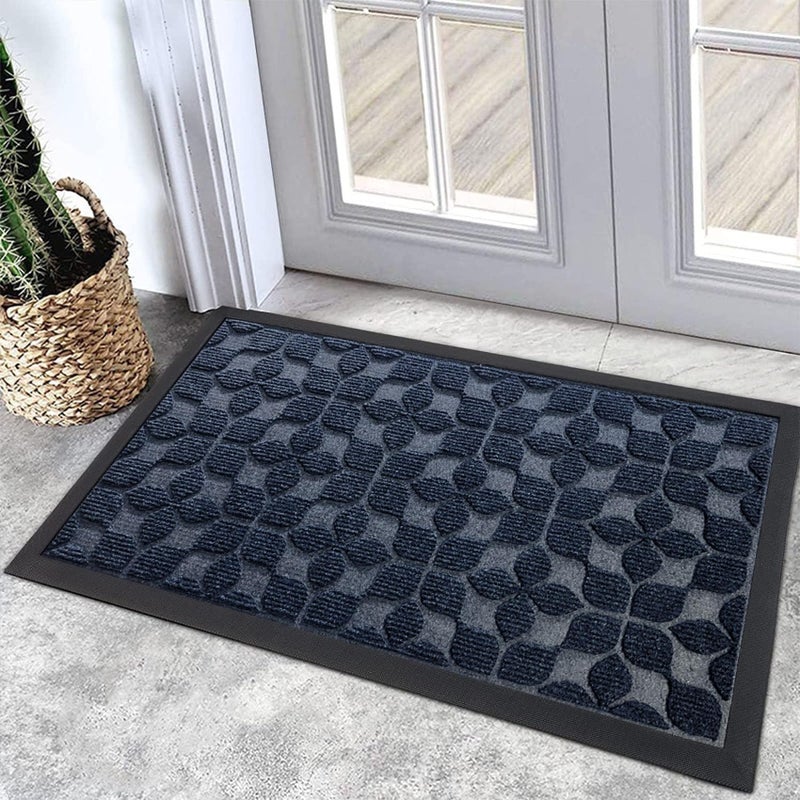 Bulijojo Sturdy Front Entrance Doormats,Durable Heavy Duty Welcome Mat,Thick Absorbent Natural Rubber Non Slip Mat,Easy Clean Entryway Mat 17"x30" Geometric Blue - Image 1