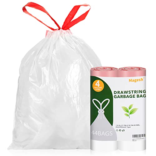 Magesh Drawstring Small Trash Bags, Magesh 4 Gallon Drawstring Extra Thick Garbage Bags Unscented, Quick Cinch for Bathroom Kitchen Office Small Can, 44 Count, White - Image 1