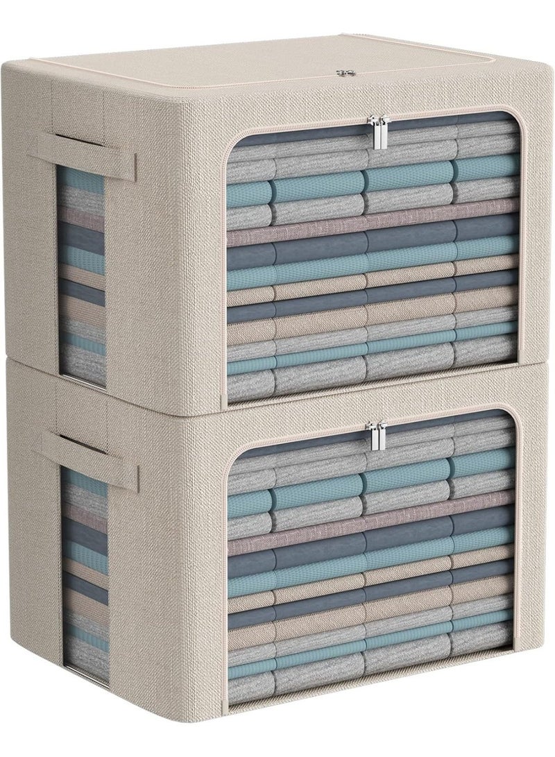 2 Pack  Foldable Storage Bins  Linen Fabric Foldable Stackable Container Organizer Set with Clear Window & Carry Handles & Metal Frame - 2 Pack Large Capacity for Bedding, Blankets, Pillows, Books and Toys - Image 1