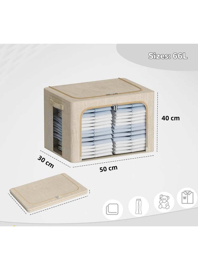 2 Pack  Foldable Storage Bins  Linen Fabric Foldable Stackable Container Organizer Set with Clear Window & Carry Handles & Metal Frame - 2 Pack Large Capacity for Bedding, Blankets, Pillows, Books and Toys - Image 2