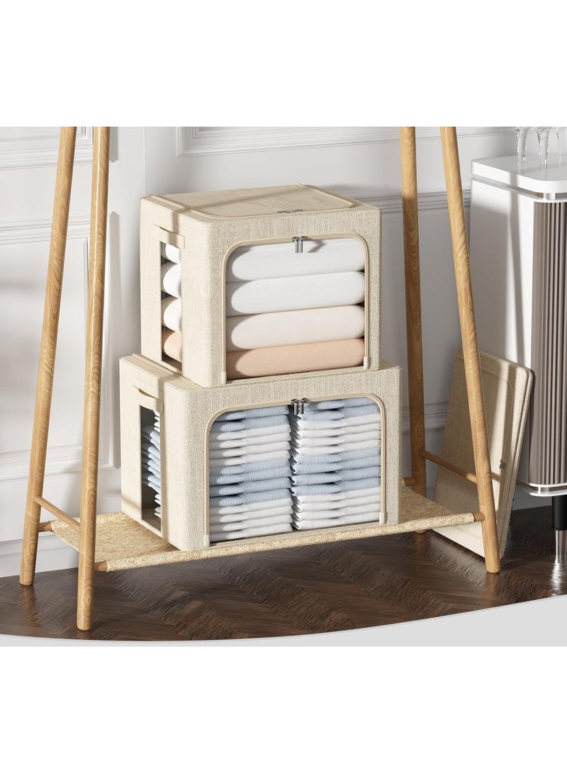 2 Pack  Foldable Storage Bins  Linen Fabric Foldable Stackable Container Organizer Set with Clear Window & Carry Handles & Metal Frame - 2 Pack Large Capacity for Bedding, Blankets, Pillows, Books and Toys - Image 4