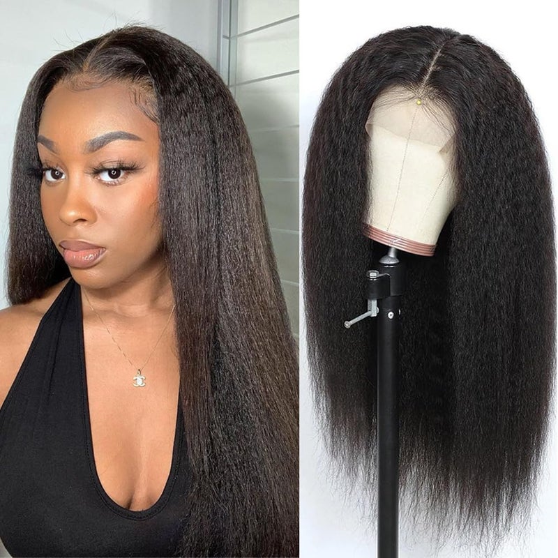 veravicky Kinky Straight Wig 20 Inch 180 Density Yaki Straight Human Hair Wig With PrePlucked Hairline Adjustable StrapsNatural Black 13x4 Lace Front Wigs Human Hair For Black Women