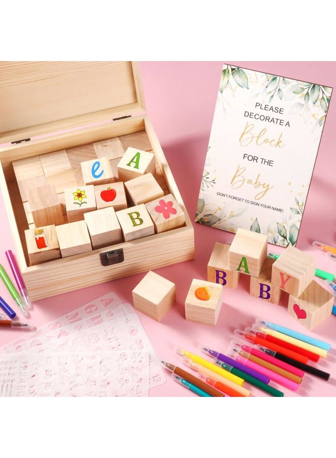 Draupnir 92 Pcs Fun Baby Shower Games Sign Kit Babies Coloring Blocks for Baby Shower, Wooden DIY Blank Blocks Freehand Painting with 36 Paint Markers - Image 2