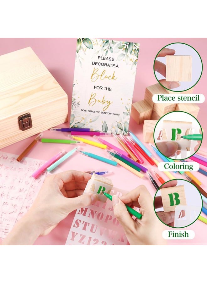 Draupnir 92 Pcs Fun Baby Shower Games Sign Kit Babies Coloring Blocks for Baby Shower, Wooden DIY Blank Blocks Freehand Painting with 36 Paint Markers - Image 5