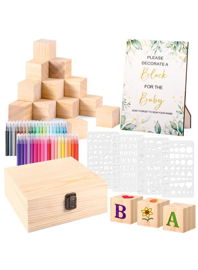 Draupnir 92 Pcs Fun Baby Shower Games Sign Kit Babies Coloring Blocks for Baby Shower, Wooden DIY Blank Blocks Freehand Painting with 36 Paint Markers - Image 1