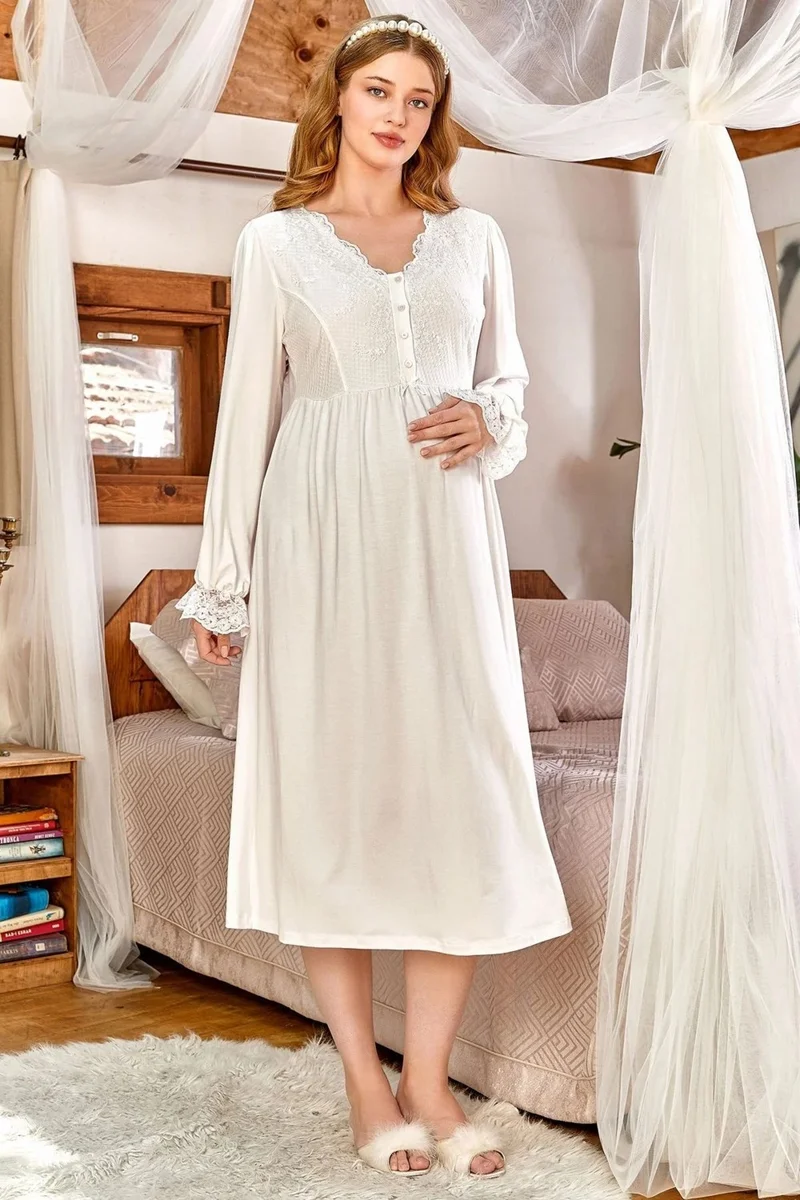 كوسي باي اكوا 24157 Women's Pregnant Postpartum Long Sleeve Nightgown-Cream