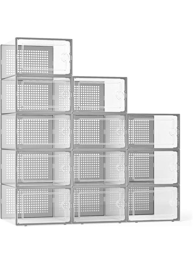 هوكور منظمات صناديق تخزين الأحذية للخزانة 12 عبوة، تناسب مقاس 11، حاويات أحذية رياضية بلاستيكية شفافة قابلة للتكديس لمدخل المنزل، حامل رف أحذية موفر للمساحة، بديل لوحدة تنظيم الأدراج (رمادي) - Image 1