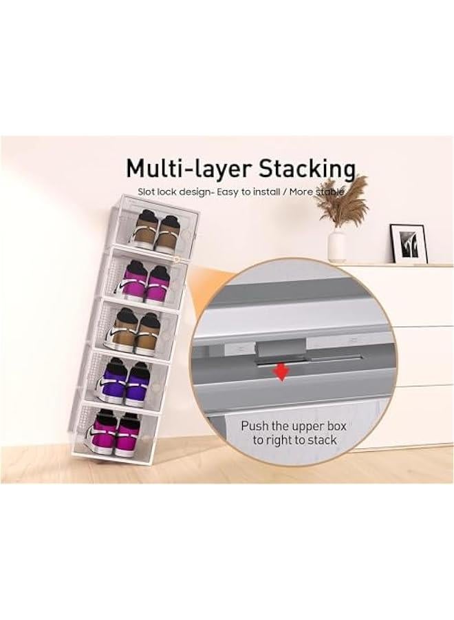 هوكور منظمات صناديق تخزين الأحذية للخزانة 12 عبوة، تناسب مقاس 11، حاويات أحذية رياضية بلاستيكية شفافة قابلة للتكديس لمدخل المنزل، حامل رف أحذية موفر للمساحة، بديل لوحدة تنظيم الأدراج (رمادي) - Image 5