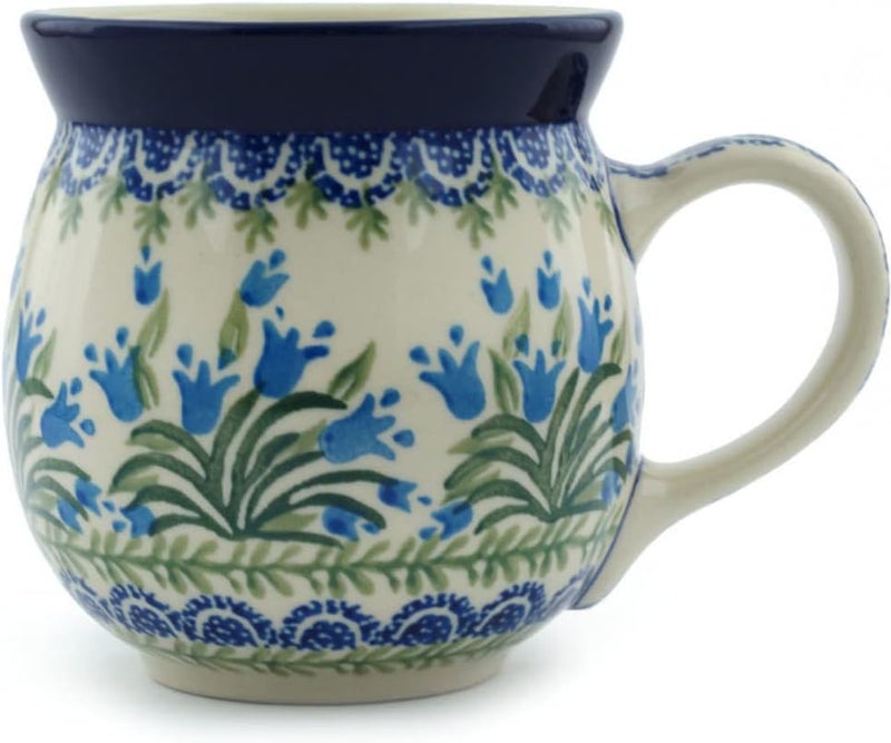 Polmedia Polish Pottery Authentic Polish Pottery Bubble Mug 16 oz in Feathery Bluebells Design Handmade in Bolesawiec Poland by Ceramika Artystyczna  Certificate of Authenticity - Image 1