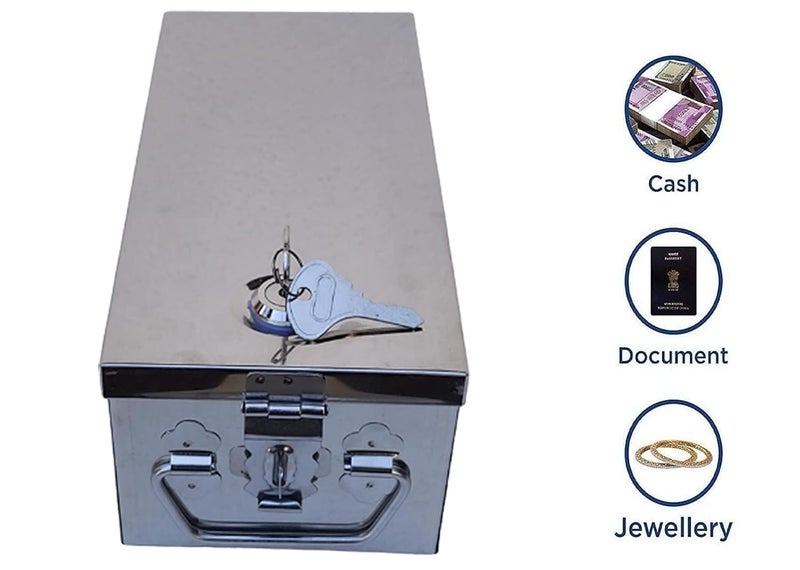 GvanyS Stainless Steel Locker Boxes Jewellery Boxes Cash Peti Set (Multi_Pack of 2) Size - 10 Inch, 12 Inch (With Pre fited Lock & 2 Key) - Image 3