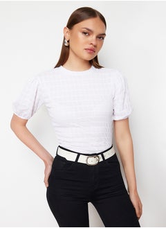 White Premium Textured Crop Stand Collar Flexible Balloon Sleeve Knitted Blouse TWOSS24BZ00388