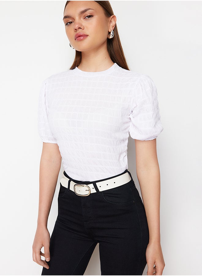 trendyol - White Premium Textured Crop Stand Collar Flexible Balloon Sleeve Knitted Blouse TWOSS24BZ00388 - Image 1