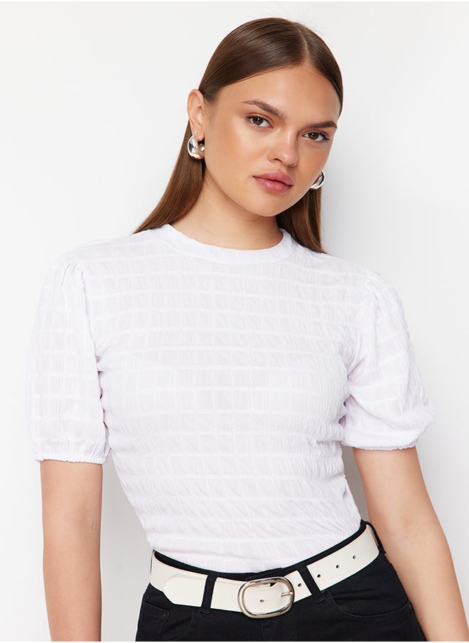 trendyol - White Premium Textured Crop Stand Collar Flexible Balloon Sleeve Knitted Blouse TWOSS24BZ00388 - Image 1