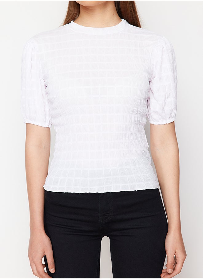 trendyol - White Premium Textured Crop Stand Collar Flexible Balloon Sleeve Knitted Blouse TWOSS24BZ00388 - Image 1