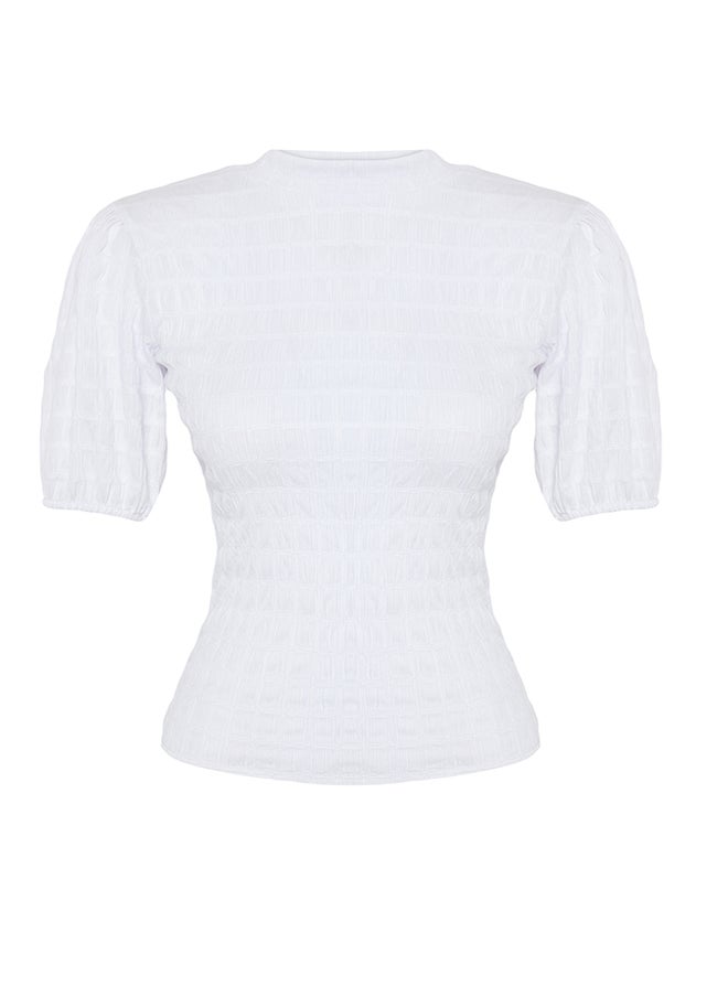 trendyol - White Premium Textured Crop Stand Collar Flexible Balloon Sleeve Knitted Blouse TWOSS24BZ00388 - Image 1