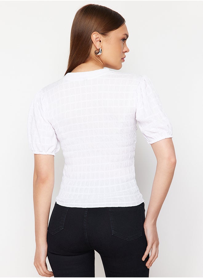 trendyol - White Premium Textured Crop Stand Collar Flexible Balloon Sleeve Knitted Blouse TWOSS24BZ00388 - Image 1