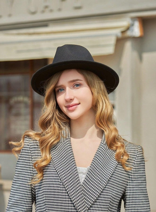 OVOY Women Classic Fedora Hat 1920s Wide Brim Felt Jazz Hats Panama Dress Hat Rancher Boho Fedora Western Hats with Belt Buckle Black - Image 2