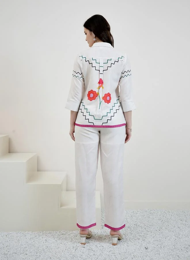 Athena White Floral Print Shirt and Trousers Co-ords