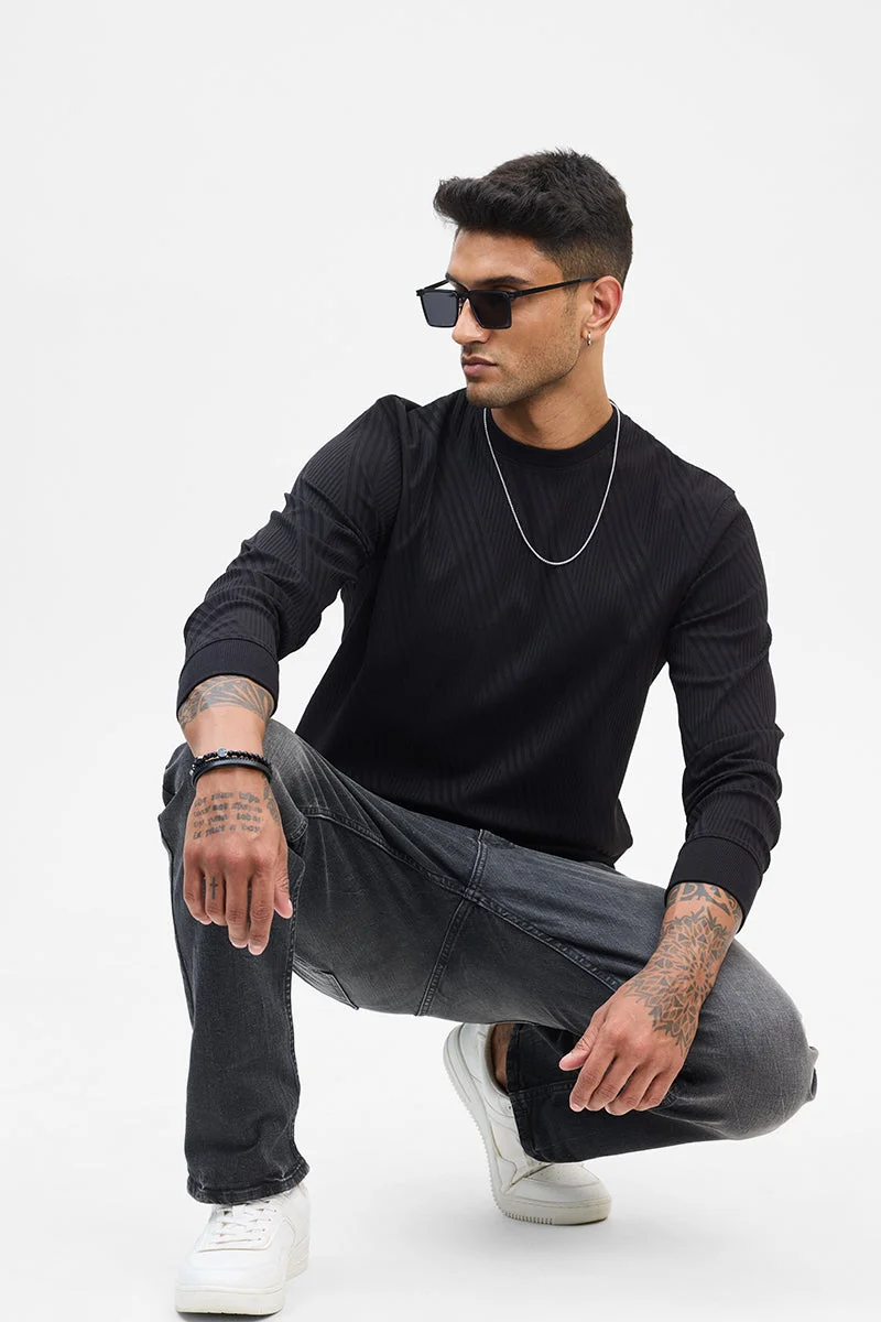 سنيتش Black Textured Long Sleeve Slim Fit Streetwear Sweater