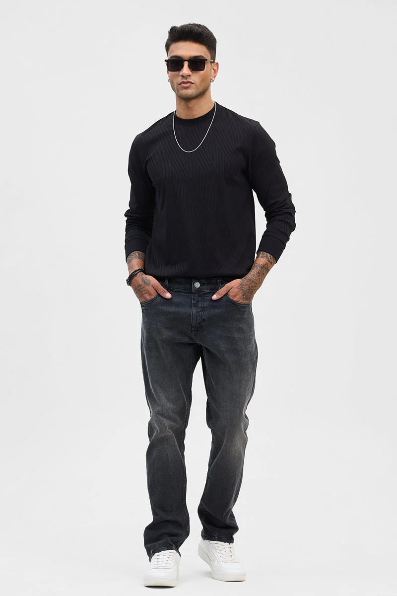 سنيتش Black Textured Long Sleeve Slim Fit Streetwear Sweater