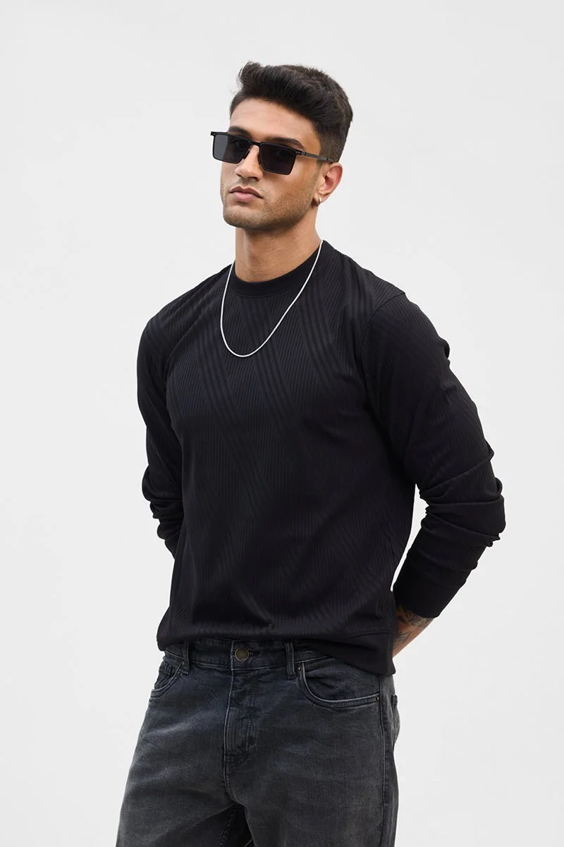 سنيتش Black Textured Long Sleeve Slim Fit Streetwear Sweater