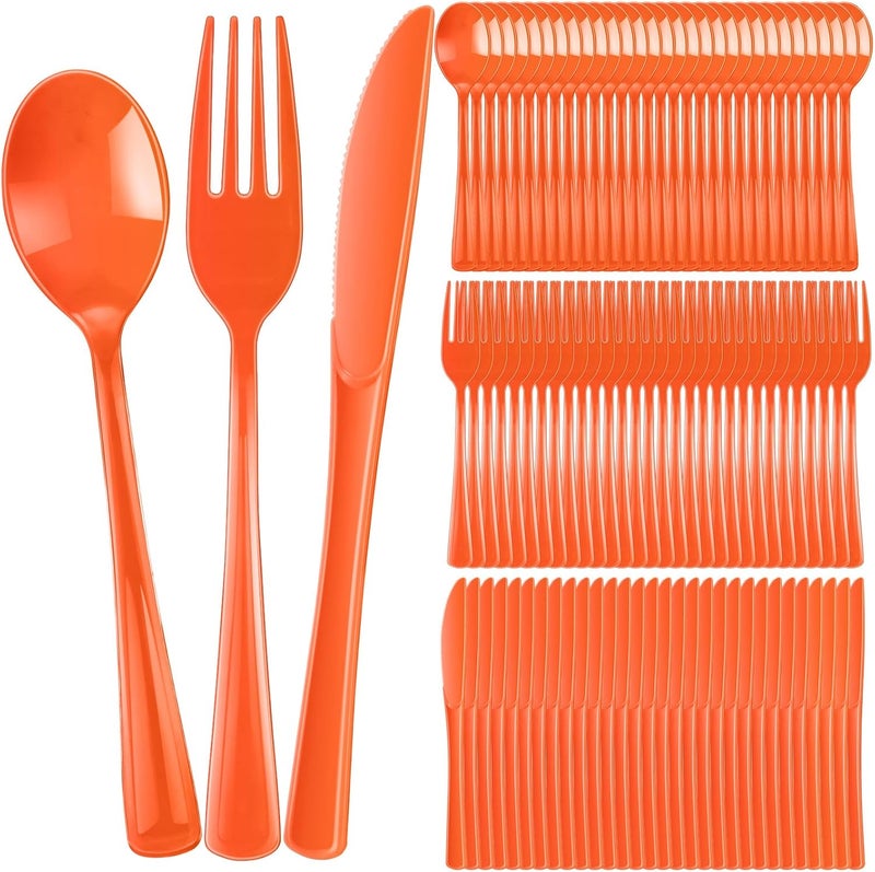 Yinkin 300 Pcs Plastic Silverware Heavy Duty Cutlery Set Plastic Utensils Set Includes 100 Disposable Spoons 100 Forks Knives for Parties Catering Family GatheringOrange - Image 1