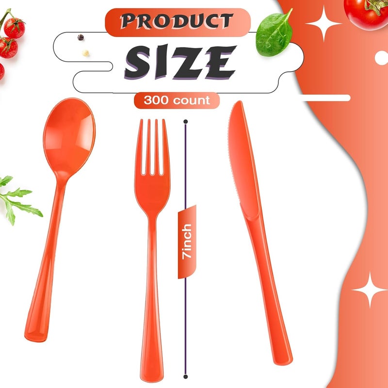 Yinkin 300 Pcs Plastic Silverware Heavy Duty Cutlery Set Plastic Utensils Set Includes 100 Disposable Spoons 100 Forks Knives for Parties Catering Family GatheringOrange - Image 2