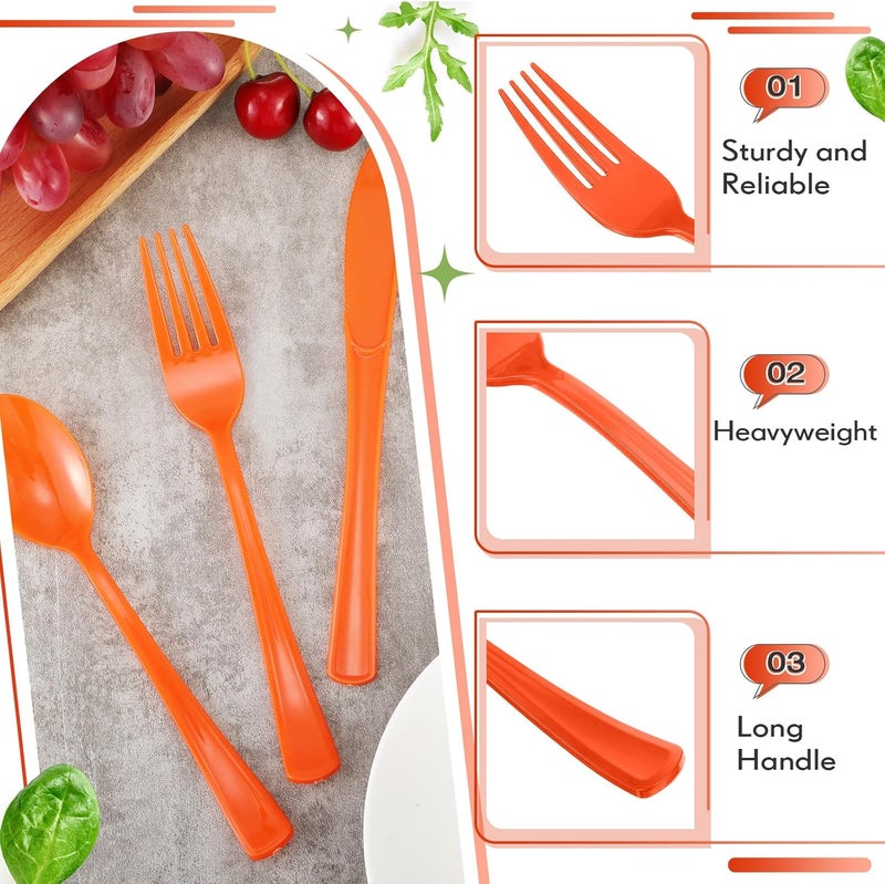 Yinkin 300 Pcs Plastic Silverware Heavy Duty Cutlery Set Plastic Utensils Set Includes 100 Disposable Spoons 100 Forks Knives for Parties Catering Family GatheringOrange - Image 3
