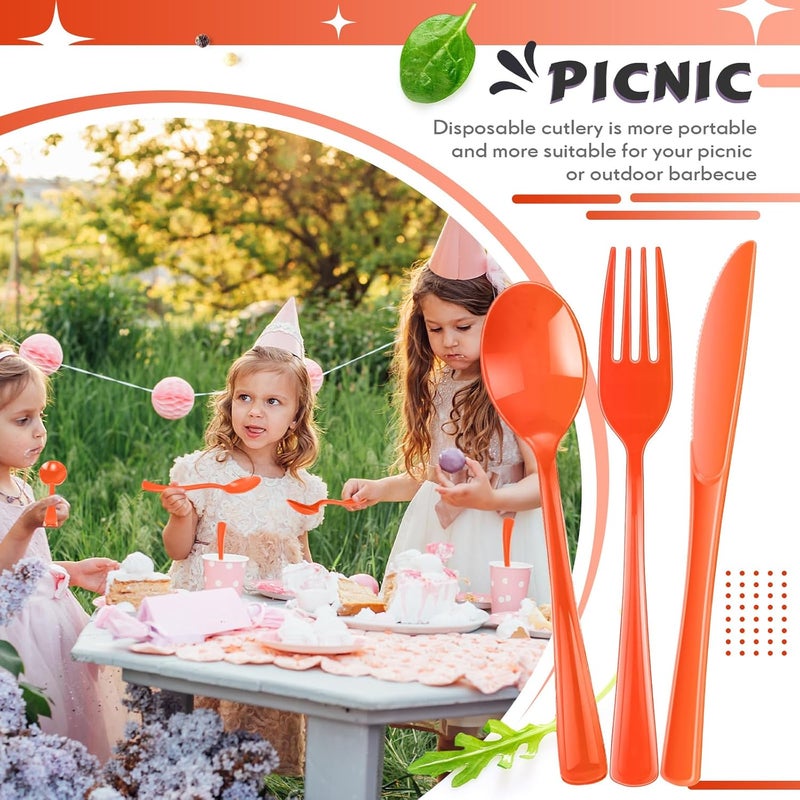 Yinkin 300 Pcs Plastic Silverware Heavy Duty Cutlery Set Plastic Utensils Set Includes 100 Disposable Spoons 100 Forks Knives for Parties Catering Family GatheringOrange - Image 4