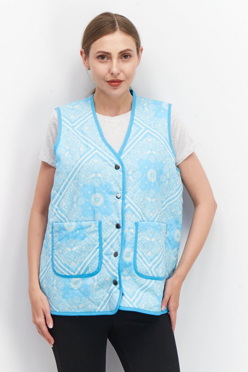 Native Youth Women V-Neck Paisley Pattern Sleeveless Vest, Turquoise - Image 1