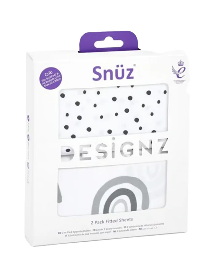 Snuz Pack of 2 Crib Fitted Sheets, Design Ed To Fit Pod Bedside Cribs, 100% Cotton, Infant And Baby, Patternmono Rainbow, Fitted Sheet Size - 44 X 80Cm
