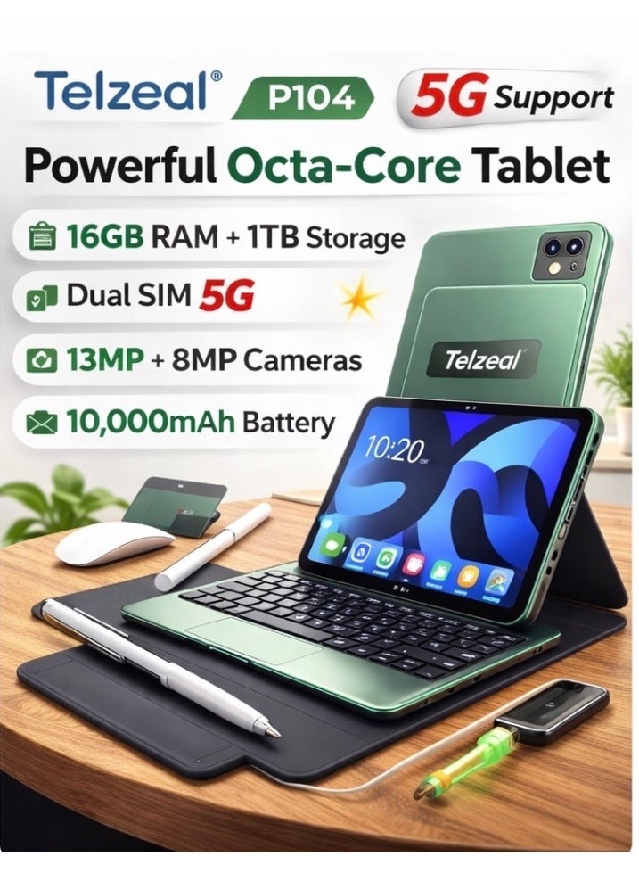 Telzeal تابلت أندرويد P104 10.1 – 5G، 16 جيجابايت RAM + 1 تيرابايت تخزين، شريحة مزدوجة، معالج ثماني النواة، شاشة HD بحجم 10.1 بوصة، بطارية 10000 مللي أمبير، كاميرا 13 ميجابكسل + 8 ميجابكسل، واي فاي، بلوتوث، لوحة مفاتيح وقلم – أخضر - Image 3