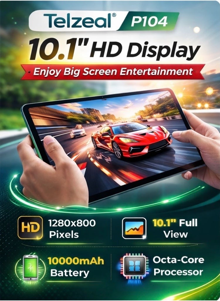 Telzeal تابلت أندرويد P104 10.1 – 5G، 16 جيجابايت RAM + 1 تيرابايت تخزين، شريحة مزدوجة، معالج ثماني النواة، شاشة HD بحجم 10.1 بوصة، بطارية 10000 مللي أمبير، كاميرا 13 ميجابكسل + 8 ميجابكسل، واي فاي، بلوتوث، لوحة مفاتيح وقلم – أخضر - Image 2