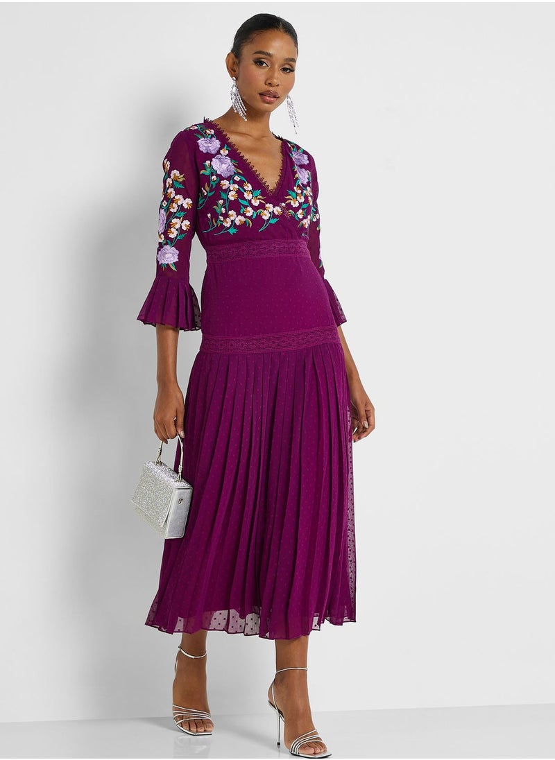 Frock and Frill Floral Embroidered Wrap Detail Dress  - Image 1